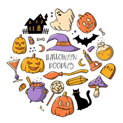 Set of hand drawn Halloween doodles, clipart, decorative elements. Good for prints, stickers, sublimation, greeting cards, holiday decor, planners, etc. EPS 10