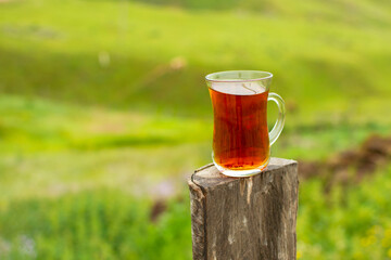 Glass of tea on wooden and green background.