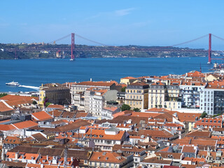 Lisbon, Portugal: Aerial view of Lisbon with red bridge of 25 april at Tejo river