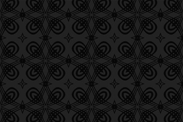 3D volumetric convex embossed geometric black background. Ethnic oriental, Asian, Indian pattern with handmade elements, doodling technique.