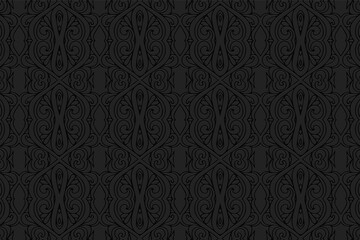 Obraz na płótnie Canvas 3D volumetric convex embossed geometric black background. Ethnic original oriental, Asian, Indian pattern with handmade elements, doodling technique.