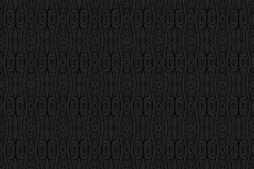 3D volumetric convex embossed geometric black background. Ethnic decorative oriental, Asian, Indian pattern with handmade elements, doodling technique.