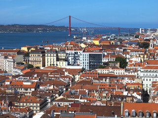 Lisbon, Portugal: Aerial view of Lisbon with red bridge of 25 april at Tejo river