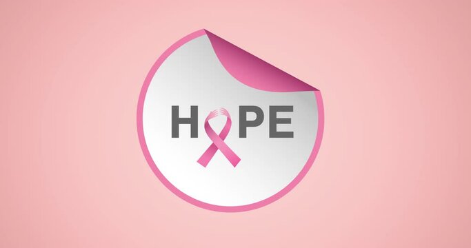 Animation of pink ribbon logo and hope text appearing on pink background