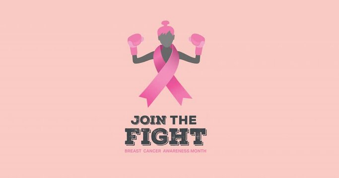 Animation of pink ribbon logo and breast cancer text appearing on pink background
