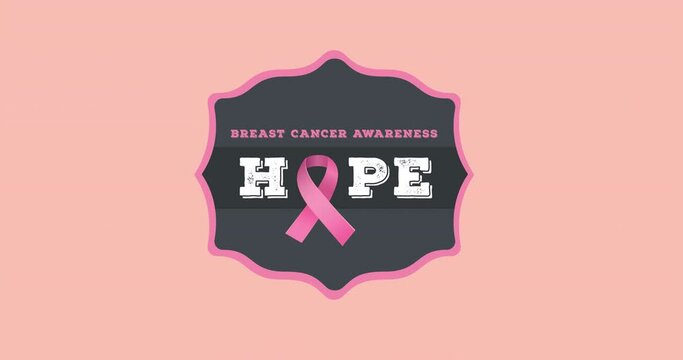 Animation of pink ribbon logo and breast cancer text appearing on pink background