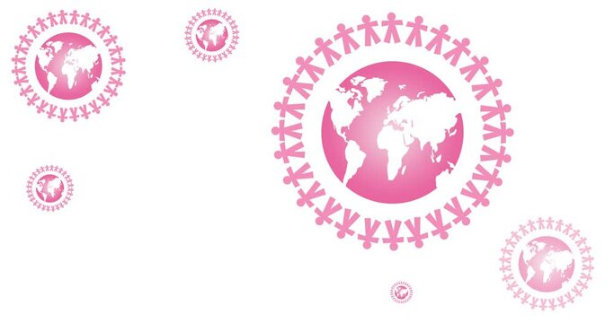 Animation of multiple pink globe logo appearing on white background