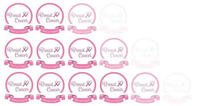Animation of multiple pink breast cancer ribbon logo with breast cancer text on white