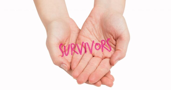 Animation of survivors text over hands on pink background