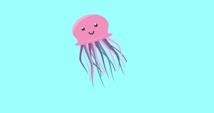 Animation of pink jellyfish with copy space on blue background