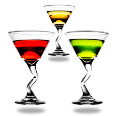 Three alcoholic beverages of red, yellow and green colors on a white background (isolated).
