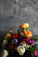 A bouquet of ranunculus flowers on a textured gray background