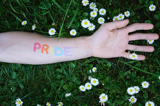 arm of a man painted with the word pride in the colors of the lgtbi flag stretched over a lawn full of daisies.