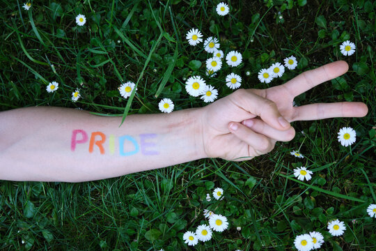 arm of a man painted with the word pride in the colors of the lgtbi flag stretched over a lawn full of daisies, making the symbol of victory. - Powered by Adobe