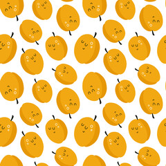 vector seamless cute pattern with cartoon apricots. it can be used as wallpaper, poster, print for clothes, fabrics, textiles, notebooks, packaging paper. food background.
