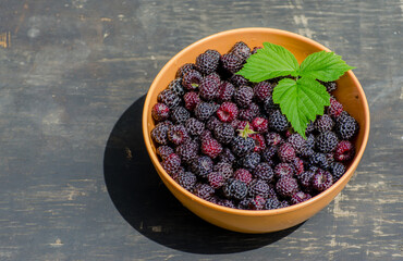 fresh summer berry, berry in an orange plate, Ripe blackberries, blueberries, raspberries. the background is black and red food. selective focus