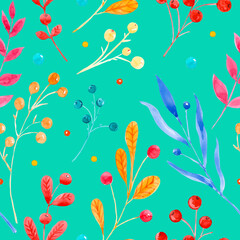 Seamless raster watercolor pattern. Floral ornament made of branches and leaves of different shapes and colors. Plant branches with leaves and berries in the green background.