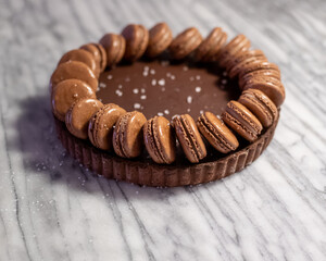 Salted Caramel Dark Chocolate Ganache Tart with Macarons