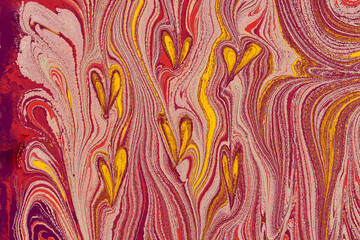 Ebru  marbling  background with heart shape. Unique art  Liquid