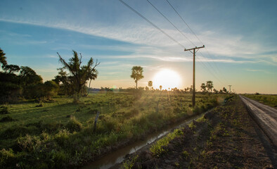 Paisaje rural de campo argentino en horario de puesta de sol