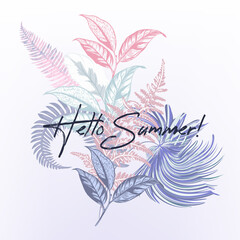 Hello summer, tropical vector illustration with palm leaves