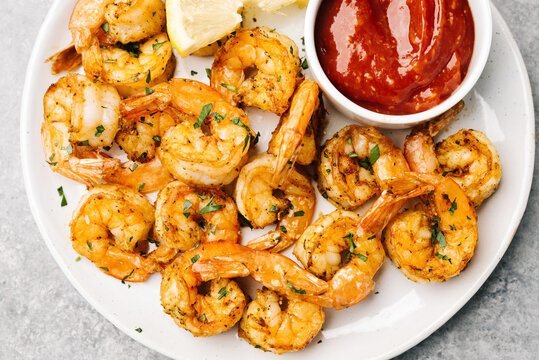 Overhead Photo Of Golden Air Fried Shrimp With Cocktail Sacue