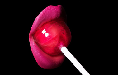 Suck lick lollipop. Licking candy. Close-up perfect natural lip with makeup, female mouth. Plump...