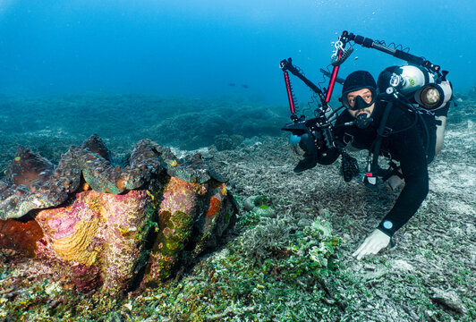 photographer taking picture of giant clamp shell in Raja Ampat