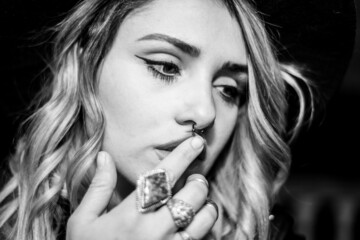 Black and white portrait of an alternative European model