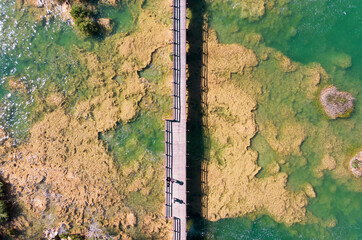 Wooden pier photo with drone. Pier, top view