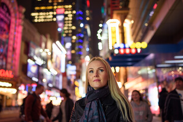 Adult woman on glowing city street in evening