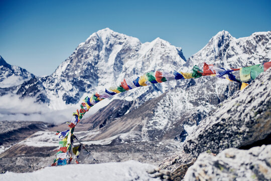 Prayer flags on Kala Patthar in the Himalayan Mountains, Nepal