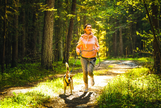 Young woman and dog running together in sunny forest.