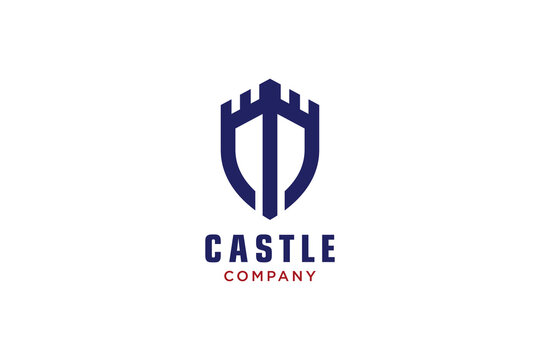 Creative shield with castle and initial M logo, Vector logo template.