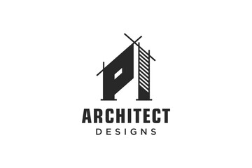 Letter P Simple modern building architecture logo design with line art skyscraper graphic