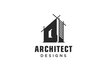 Letter Q Simple modern building architecture logo design with line art skyscraper graphic