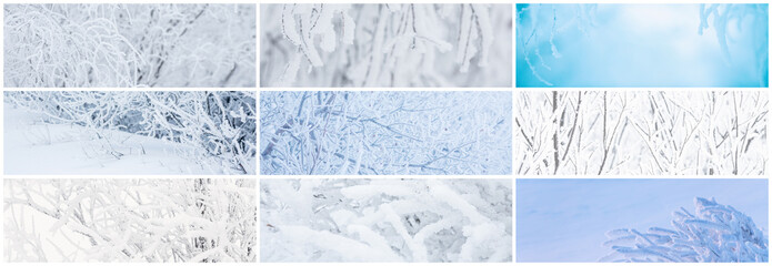 Collection of winter panoramic backgrounds with trees and bushes covered with hoarfrost. Snow and rime ice on the branches. Cold snowy weather. Hoar frost on plants. Set of cool frosting textures.