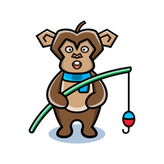 cartoon animal cute monkey holding a fishing rod
