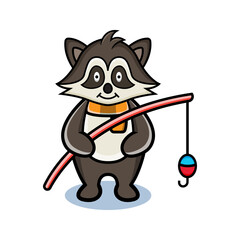 cartoon animal cute raccoon holding a fishing rod