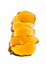 Phlai slices, Cassumumr ginger or zingiber montanum on white background.