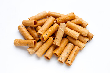 Thai crispy coconut rolls on white