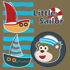 Cute bear the animal sailor and the boat with cartoon style. Can be used for t-shirt print, kids wear fashion design, baby shower invitation card. fabric, textile, nursery wallpaper, poster.