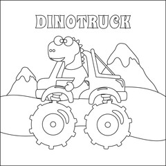 Vector illustration of monster truck with cartoon cute dinosaurs. Childish design for kids activity colouring book or page. © Hijaznahwani