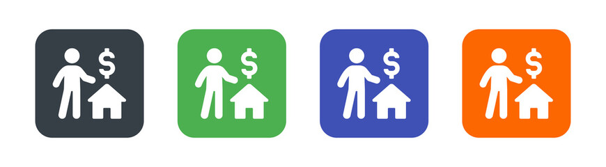 Home loan icon. Containing person, house, real estate, dollar currency icon.
