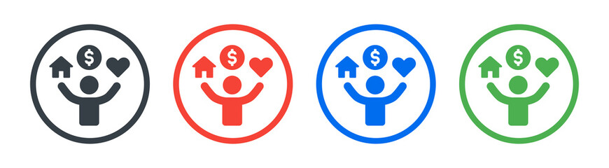 Man holding house, money and love icon, symbol of human needs icon. Vector illustration
