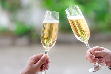 two person holding two glasses of white wine at a celebration dinner