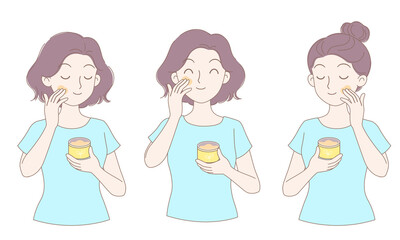 Girl rubbing lotion on her face, three different angles