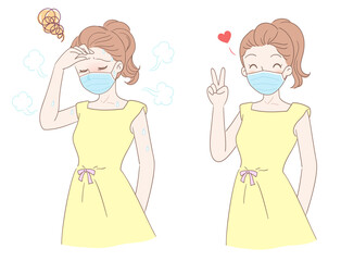 A woman wearing a mask is sultry and sweaty, contrasting with a happy and comfortable expression