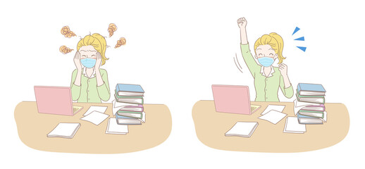 At work, the woman wears a mask, does not breathe smoothly, and feels happy after adjustment
