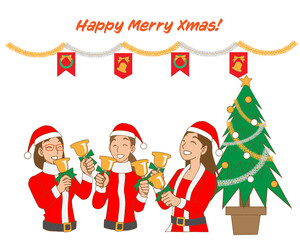 サンタクロースの仮装でハンドベルを演奏する女性3人のイラスト